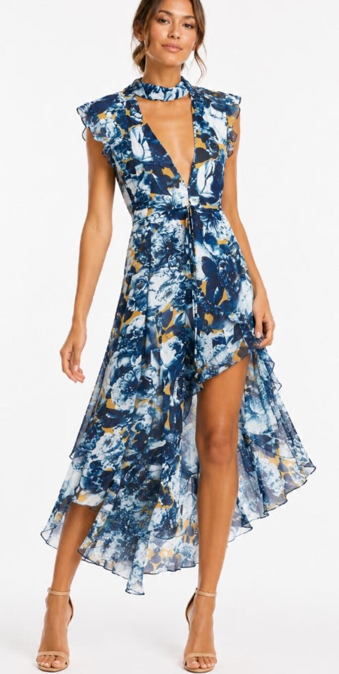 Bebe Floral Open-Back High-Low Midi Dress Blue Multi Women's Size XXS